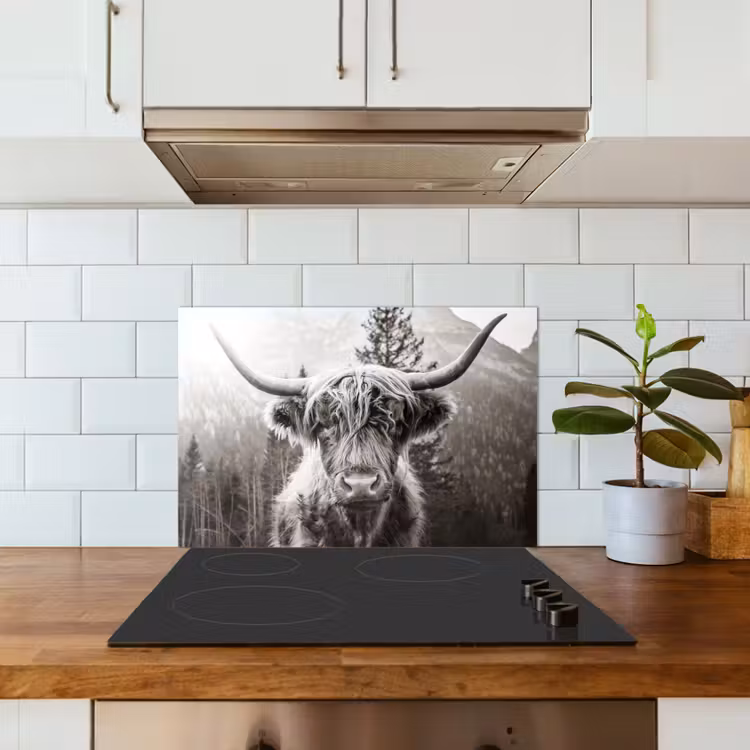 Schotse hooglander - Koe - Dieren - Zwart - Wit keuken achterwand spatscherm klein -sfeer2