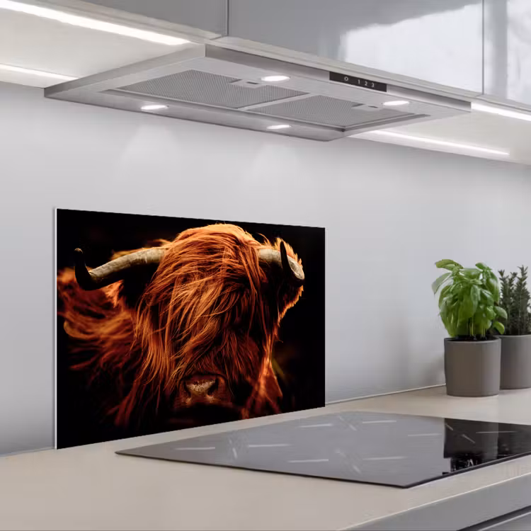 Schotse hooglander - Koe - Hoorns - Portret - Dieren keuken achterwand spatscherm klein -3d_schuin