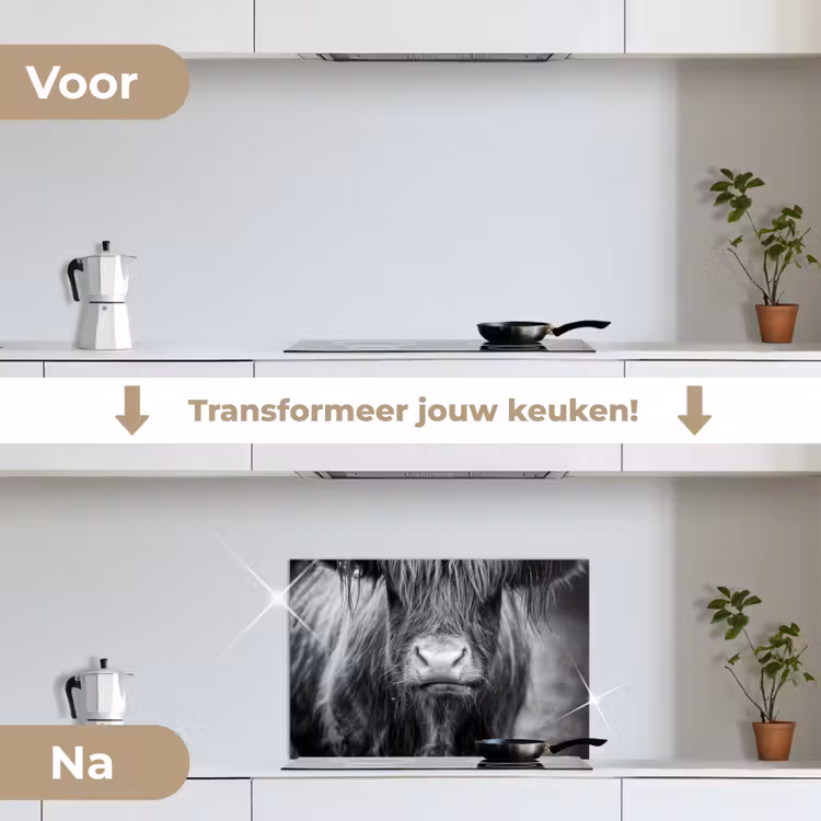 Schotse hooglander - Koe - Zwart - Wit - Dieren keuken achterwand spatscherm klein -voor_na_NL