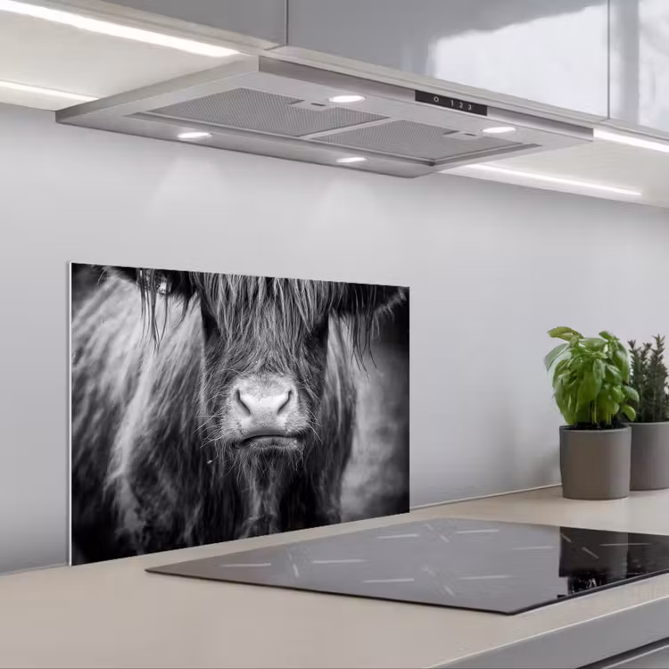 Schotse hooglander - Koe - Zwart - Wit - Dieren keuken achterwand spatscherm klein -3d_schuin