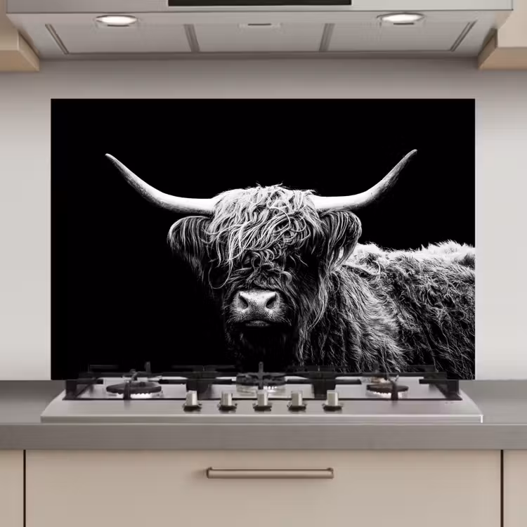 Schotse Hooglander - Koe - Zwart - Wit - Dieren keuken achterwand spatscherm klein -3d_website