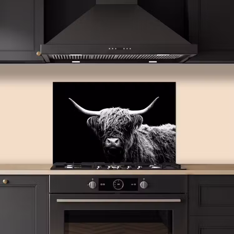 Schotse Hooglander - Koe - Zwart - Wit - Dieren keuken achterwand spatscherm klein -sfeer1