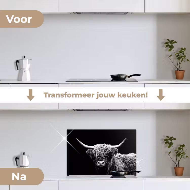 Schotse Hooglander - Koe - Zwart - Wit - Dieren keuken achterwand spatscherm klein -voor_na_NL