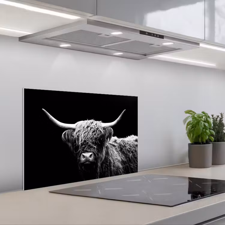 Schotse Hooglander - Koe - Zwart - Wit - Dieren keuken achterwand spatscherm klein -3d_schuin