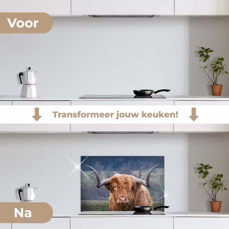 Schotse Hooglander - Koeienkop - Landschap - Natuur - Koe keuken achterwand spatscherm klein -voor_na_NL