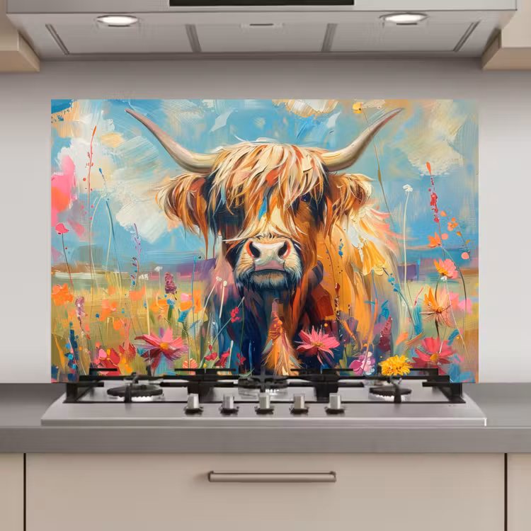Schotse hooglander - Natuur - Kleurrijk - Bloemen keuken achterwand spatscherm klein -3d_website
