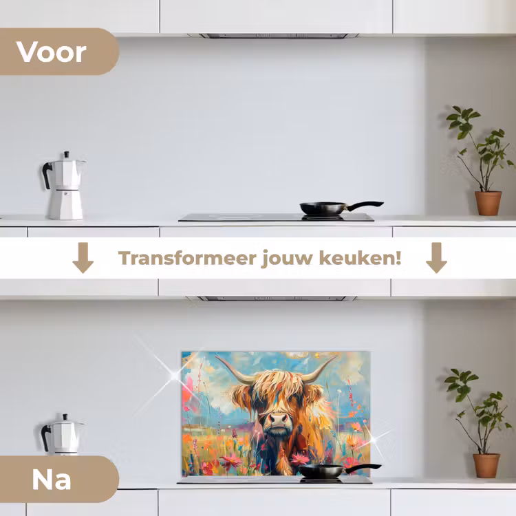 Schotse hooglander - Natuur - Kleurrijk - Bloemen keuken achterwand spatscherm klein -voor_na_NL