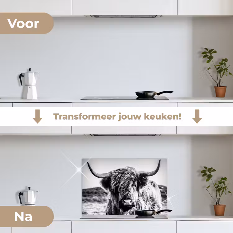 Schotse hooglander - Natuur - Koe - Zwart - Wit keuken achterwand spatscherm klein -voor_na_NL