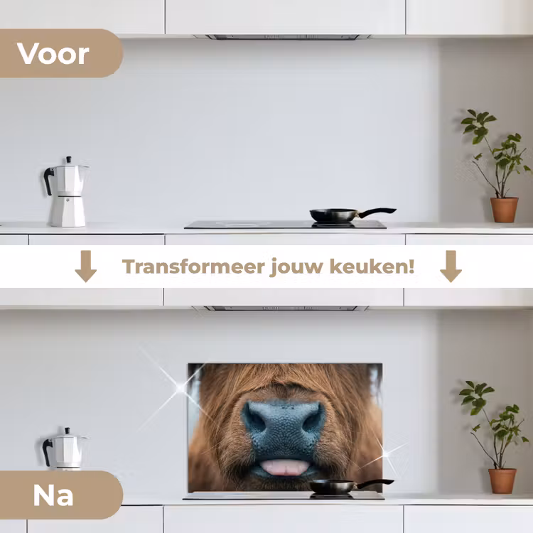 Schotse hooglander - Neus - Bruin keuken achterwand spatscherm klein -voor_na_NL