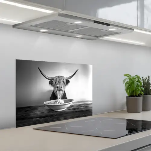 Schotse Hooglander - Spaghetti - Dieren - Zwart wit keuken achterwand spatscherm klein -3d_schuin