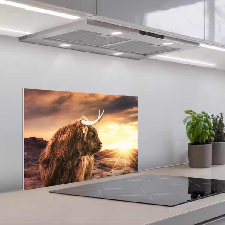 Schotse hooglander - Zon - Horizon - Koe - Dieren keuken achterwand spatscherm klein -3d_schuin