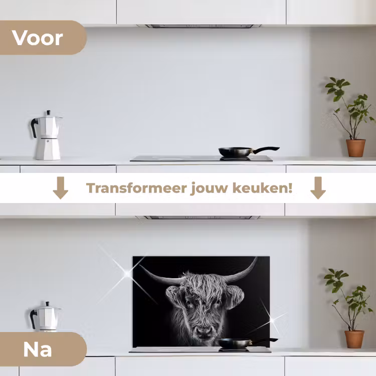 Schotse hooglander - Zwart - Koe - Dieren keuken achterwand spatscherm klein -voor_na_NL