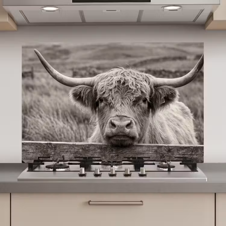 Schotse hooglander - Zwart - Wit - Hout keuken achterwand spatscherm klein -3d_website