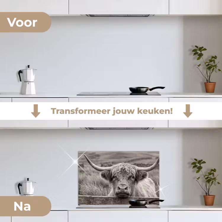 Schotse hooglander - Zwart - Wit - Hout keuken achterwand spatscherm klein -voor_na_NL