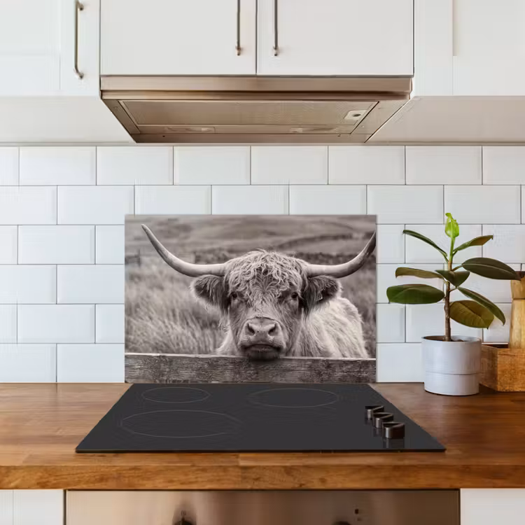 Schotse hooglander - Zwart - Wit - Hout keuken achterwand spatscherm klein -sfeer2