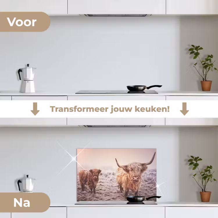 Schotse hooglanders - Licht - Lucht - Natuur keuken achterwand spatscherm klein -voor_na_NL