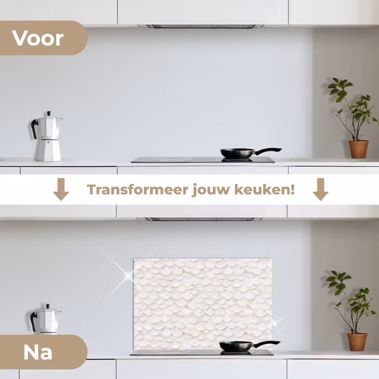 Schubben - Wit - Elegant keuken achterwand spatscherm klein 900 -voor_na_NL