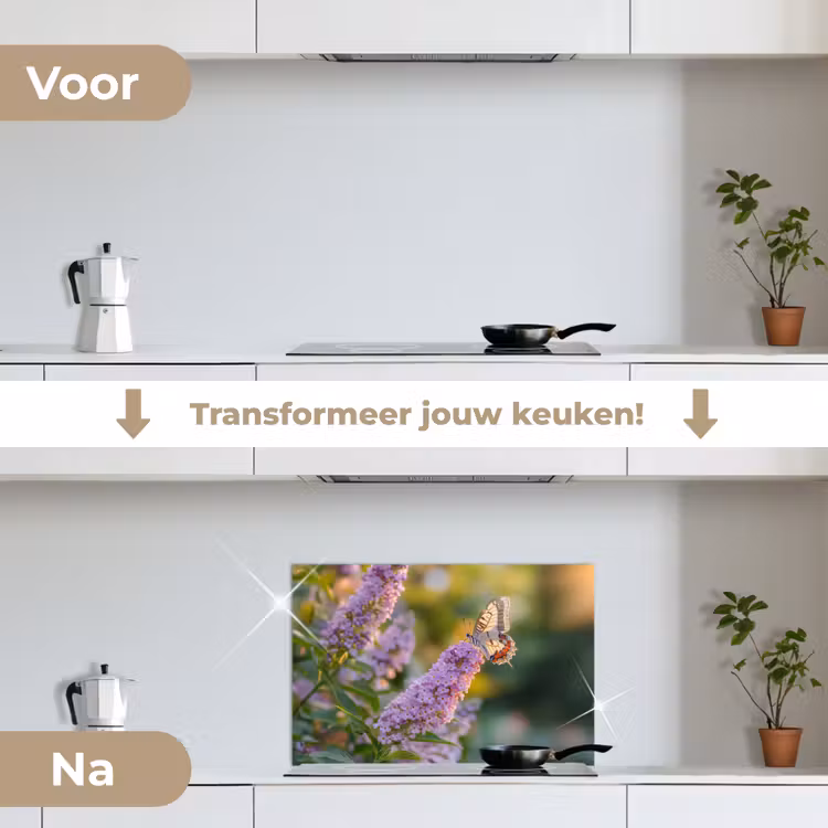 Sierlijke - Vlinder - Paarse - Bloemen keuken achterwand spatscherm klein -voor_na_NL