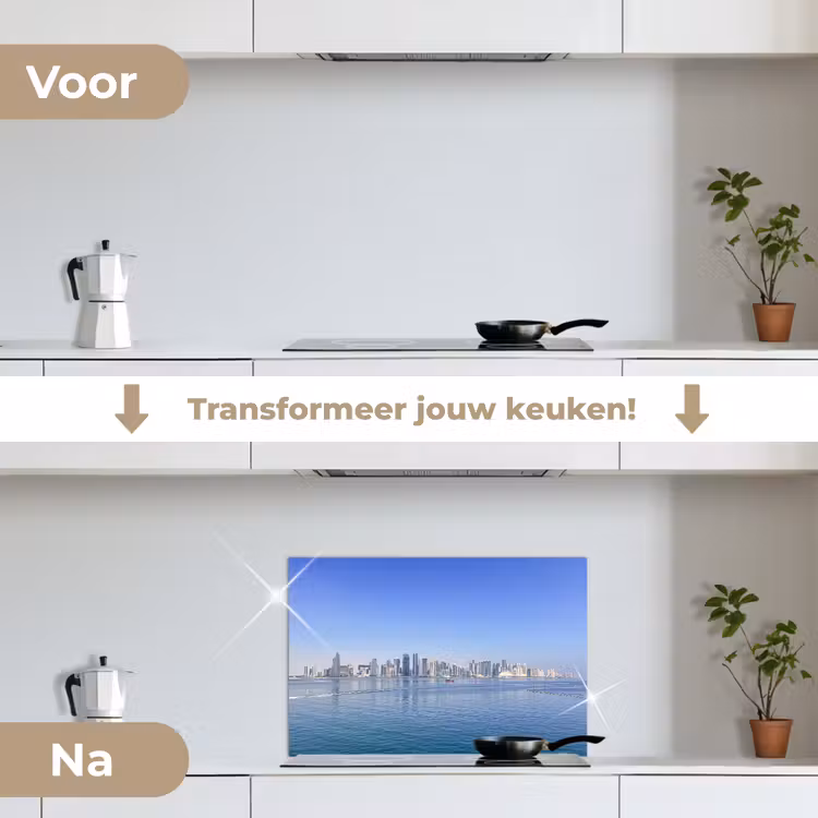 Skyline - Blauw - Zee - Gebouwen - Stad keuken achterwand spatscherm klein -voor_na_NL