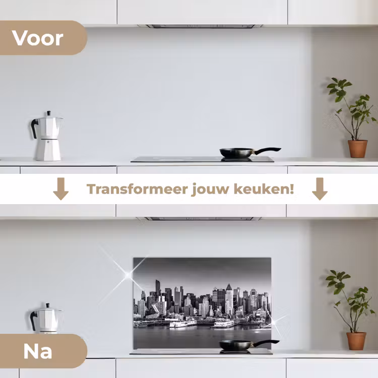 Skyline - Stad - Wolkenkrabbers - Zwart - Wit keuken achterwand spatscherm klein -voor_na_NL