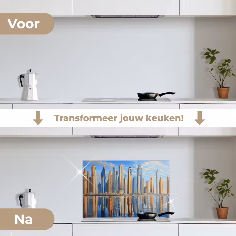 Skyline - Wolkenkrabbers - Water - Blauw keuken achterwand spatscherm klein -voor_na_NL