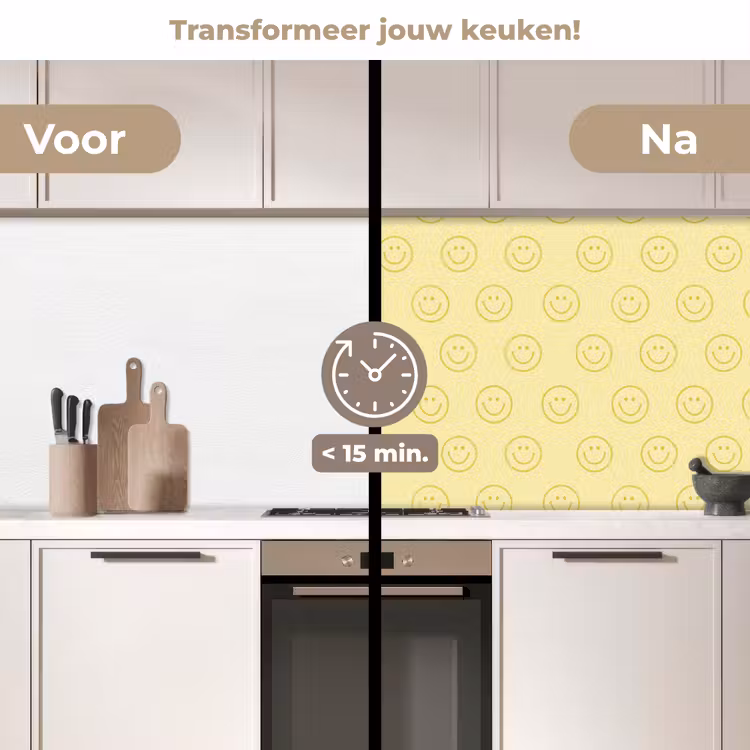 Smileys - Patroon - Retro - Zachtgeel keuken achterwand 2 middel 871 -voor-na2_NL