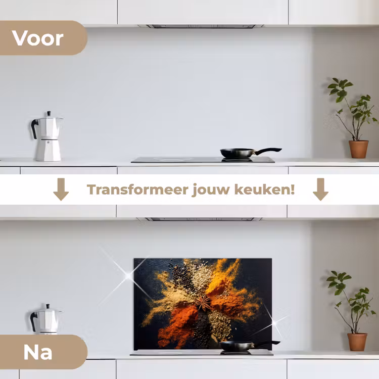 Specerijen - Explosie - Oranje keuken achterwand spatscherm klein -voor_na_NL