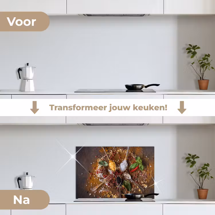 Specerijen - Kruiden - Lepels - Zout - Bruin - Keuken keuken achterwand spatscherm klein -voor_na_NL