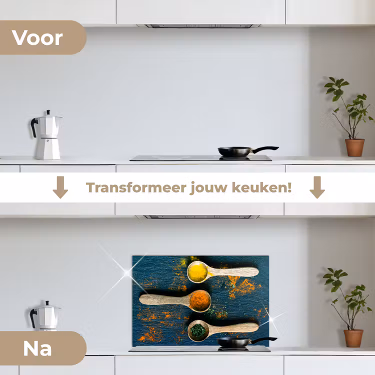 Specerijen - Lepel - Kruiden - Bruin - Geel - Groen keuken achterwand spatscherm klein -voor_na_NL