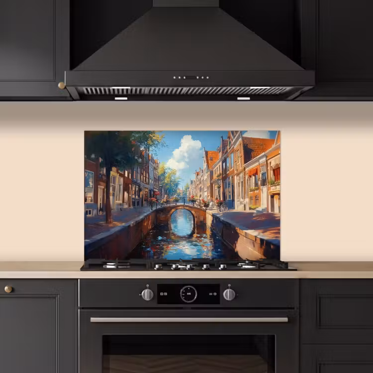 Stad - Gracht - Zon - Fietsen keuken achterwand spatscherm klein -sfeer1