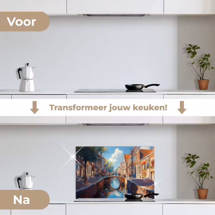 Stad - Gracht - Zon - Fietsen keuken achterwand spatscherm klein -voor_na_NL