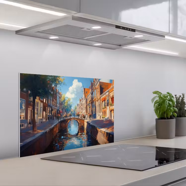 Stad - Gracht - Zon - Fietsen keuken achterwand spatscherm klein -3d_schuin