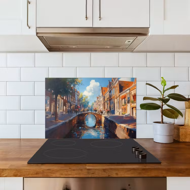 Stad - Gracht - Zon - Fietsen keuken achterwand spatscherm klein -sfeer2