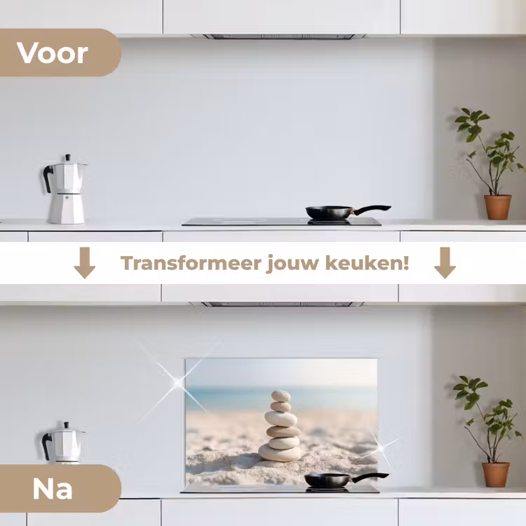 Stenen - Stapel - Zand - Zee keuken achterwand spatscherm klein -voor_na_NL