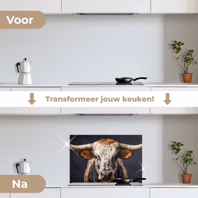 Stier - Kleurrijk - Hoorns keuken achterwand spatscherm klein -voor_na_NL