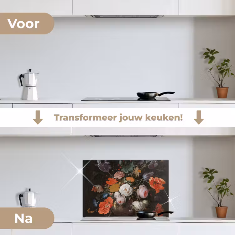 Stilleven met bloemen en een horloge - Schilderij van Abraham Mignon keuken achterwand spatscherm klein -voor_na_NL