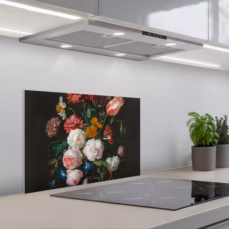 Stilleven met bloemen in een glazen vaas - Schilderij van Jan Davidsz. de Heem keuken achterwand spatscherm klein -3d_schuin