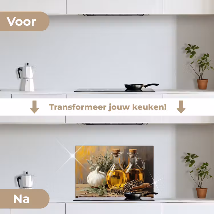 Stilleven - Olijfolie - Knoflook - Kruiden keuken achterwand spatscherm klein -voor_na_NL