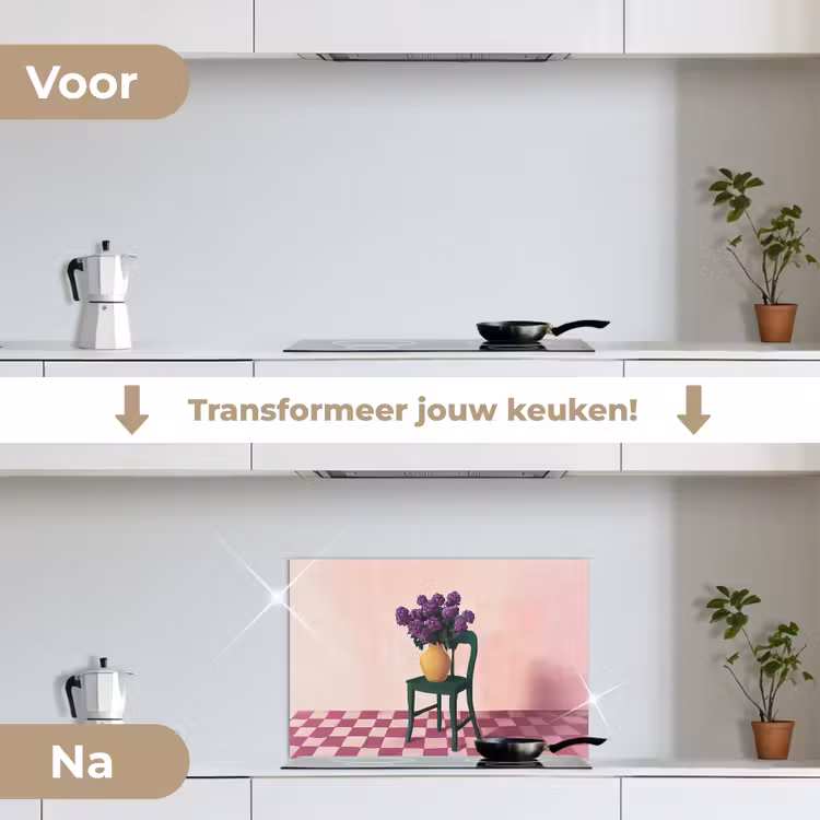 Stoel - Vaas - Bloemen - Geblokt keuken achterwand spatscherm klein -voor_na_NL