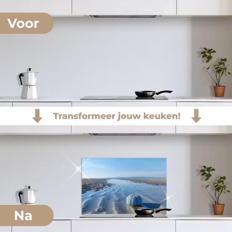 Strand - Schild - Water - Blauw keuken achterwand spatscherm klein -voor_na_NL