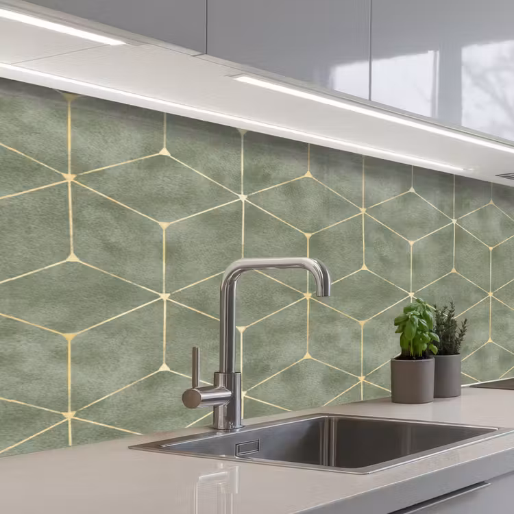 Subtiel - Geometrisch - Goud - Groen keuken achterwand 2 middel 871 -3d_schuin