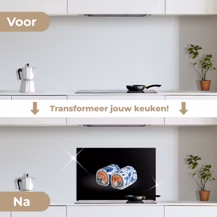 Sushi - Delfts blauw - Rijst - Vis - Elegant keuken achterwand spatscherm klein -voor_na_NL