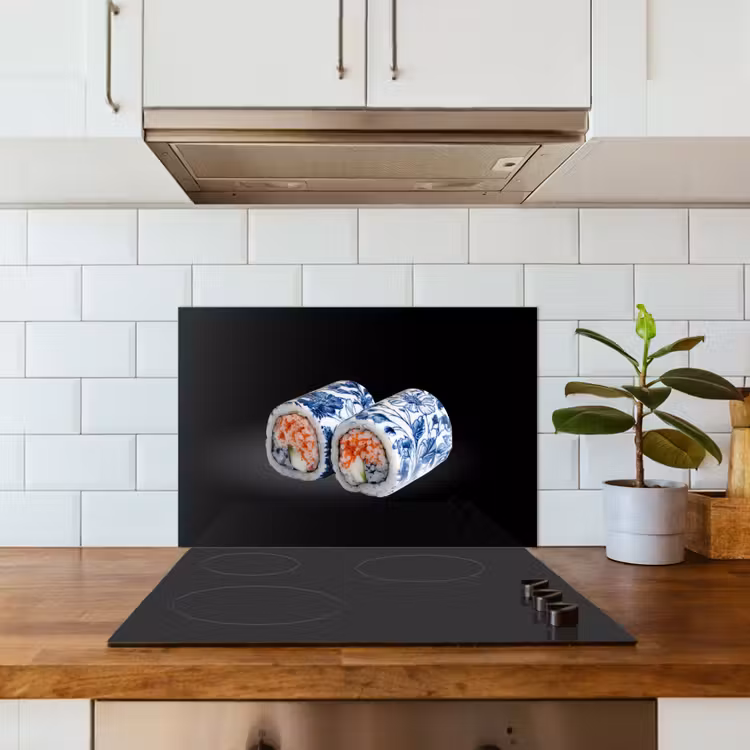Sushi - Delfts blauw - Rijst - Vis - Elegant keuken achterwand spatscherm klein -sfeer2