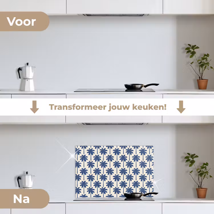 Symmetrisch - Palm - Blauw keuken achterwand spatscherm klein 900 -voor_na_NL