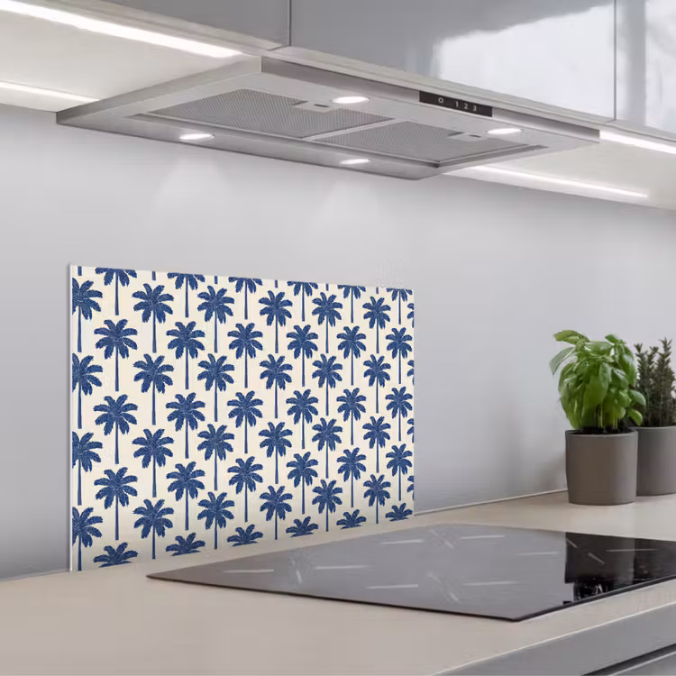 Symmetrisch - Palm - Blauw keuken achterwand spatscherm klein 900 -3d_schuin