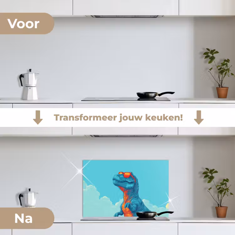 T-Rex - Blauw - Wolken - Zonnebril keuken achterwand spatscherm klein -voor_na_NL