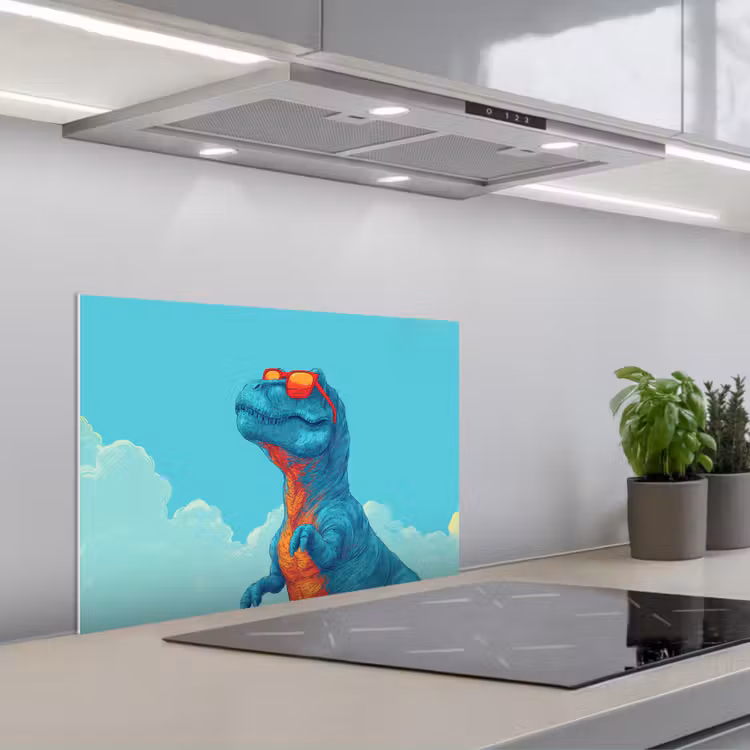 T-Rex - Blauw - Wolken - Zonnebril keuken achterwand spatscherm klein -3d_schuin