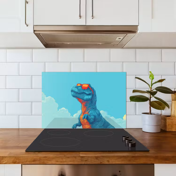 T-Rex - Blauw - Wolken - Zonnebril keuken achterwand spatscherm klein -sfeer2