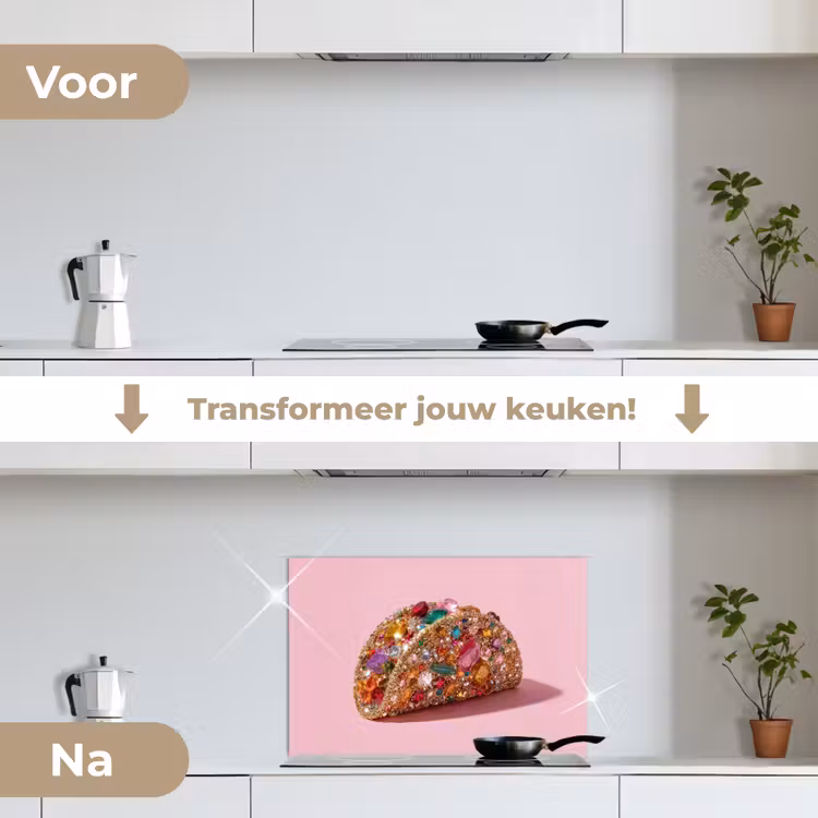 Taco - Kleurrijk - Edelstenen - Goud keuken achterwand spatscherm klein -voor_na_NL