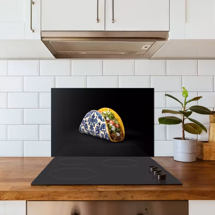 Taco - Vlees - Salade - Delftsblauw - Motief keuken achterwand spatscherm klein -sfeer2